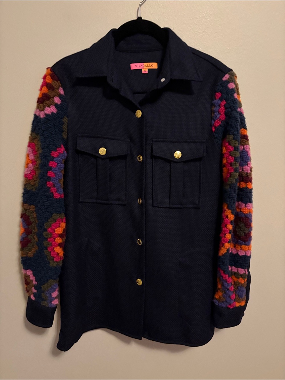 Vilagallo Navy Utility Jacket/Shacket with  Multicolor Crochet Sleeves NWOTS